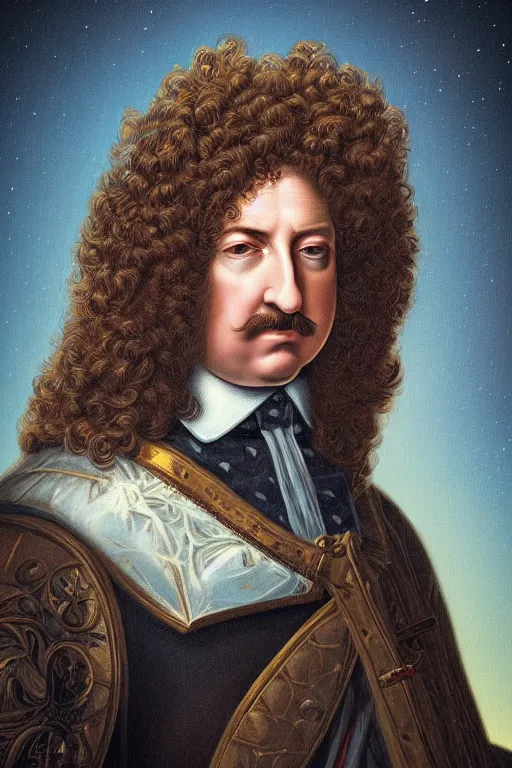 Prompt: Dan Mumford style portrait of ((Louis xiv)) in the style of Rob Lefield and Dan Mumford Dan Mumford , Greg rutkowski, trending on artstation, digital art, surrealism, macro, vaporwave