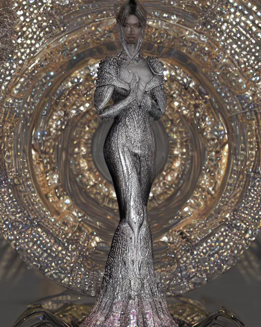 Image similar to a highly detailed metahuman 4 k close up render of an alien goddess bella hadid monument in iris van herpen dress armor schiaparelli in diamonds crystals swarovski and jewelry iridescent in style of alphonse mucha gustav klimt trending on artstation made in unreal engine 4