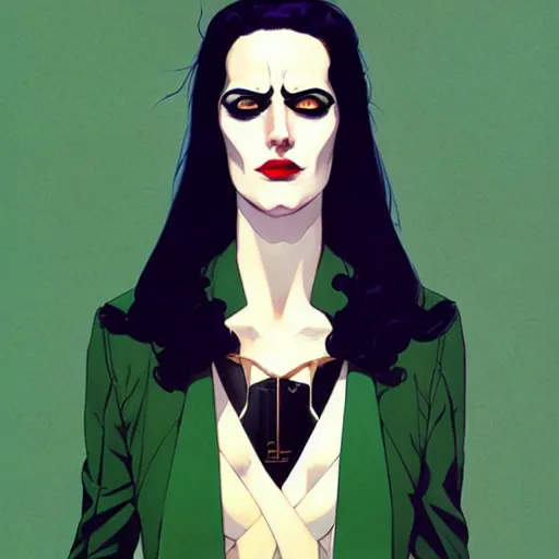 Image similar to Joshua Middleton comic art, wide shot, stunning elegant female Eva Green, spy, kabuki mask, beautiful evil sneer, symmetrical face, symmetrical eyes, leather clothing and boots, long straight green black hair, full body, Indigo occult pattern