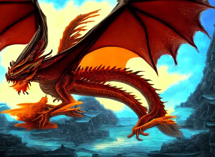 Image similar to orange dragon flying in atlantis, digital wallpaper, dragon, castle, fantasy art, digital art, artwork, perspective, detailed