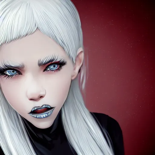 Image similar to Young woman, white hair, black eyes, sharp teeth, pointy ears, pale skin