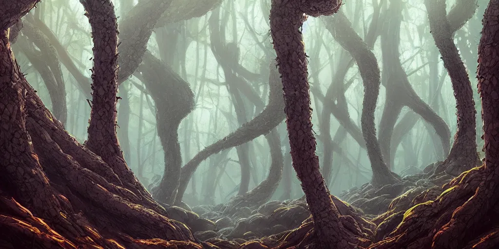 Image similar to centipede monster - trees in futuristic spiritual mystical post apocalyptic forest from grand budapest, dim painterly volumetric aquatic lighting, beautiful, crisp, artstation, highly detailed