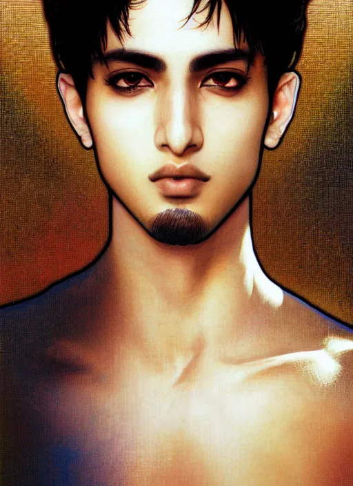 Image similar to beautiful medium shot portrait of a young arabic man inspired by ayami kojima with short hair dressed with a white t - shirt looking into the camera from three - quarters, white background white bank studio light, art by yoshitaka amano, alfons mucha, final fantasy, high quality, 8 k