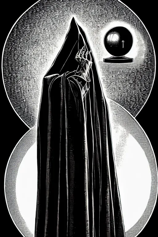 Image similar to side view of wizard in a hooded cloak gazing into a crystal ball, high details, intricately detailed, by vincent di fate, inking, 3 color screen print, masterpiece, trending on artstation, sharp, details, hyper - detailed, hd, 4 k, 8 k