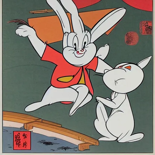 Prompt: bugs bunny, daffy, porky pig, ukiyo - e style,