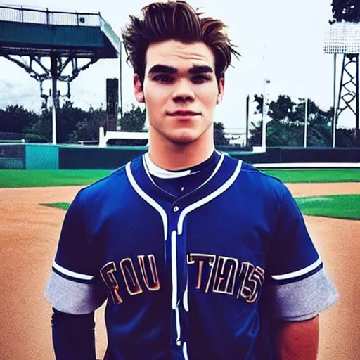 Prompt: “a realistic photo of a guy who is an attractive baseball player man who is part cyborg and part humanoid, who is a robot, KJ Apa”