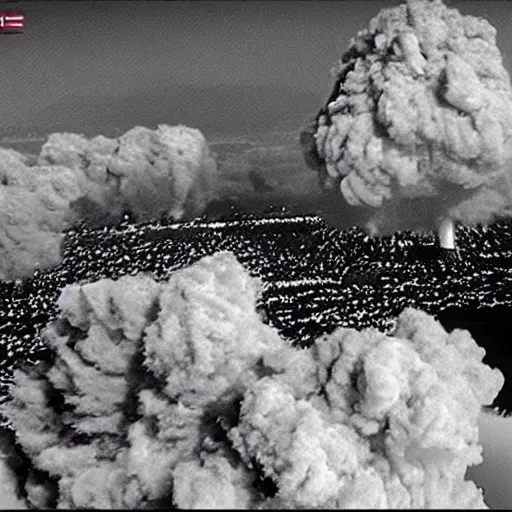Image similar to combat drone strike war footage, ir, infrared camera, very high contrast, nuclear cloud, high angle vertical