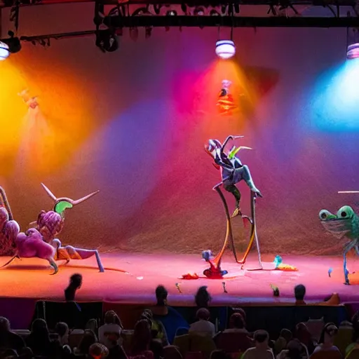 Image similar to claymation style circus, human performers, audience filled with giant bugs, hyper detailed, dramatic lighting, by Nick Park and Peter Lord