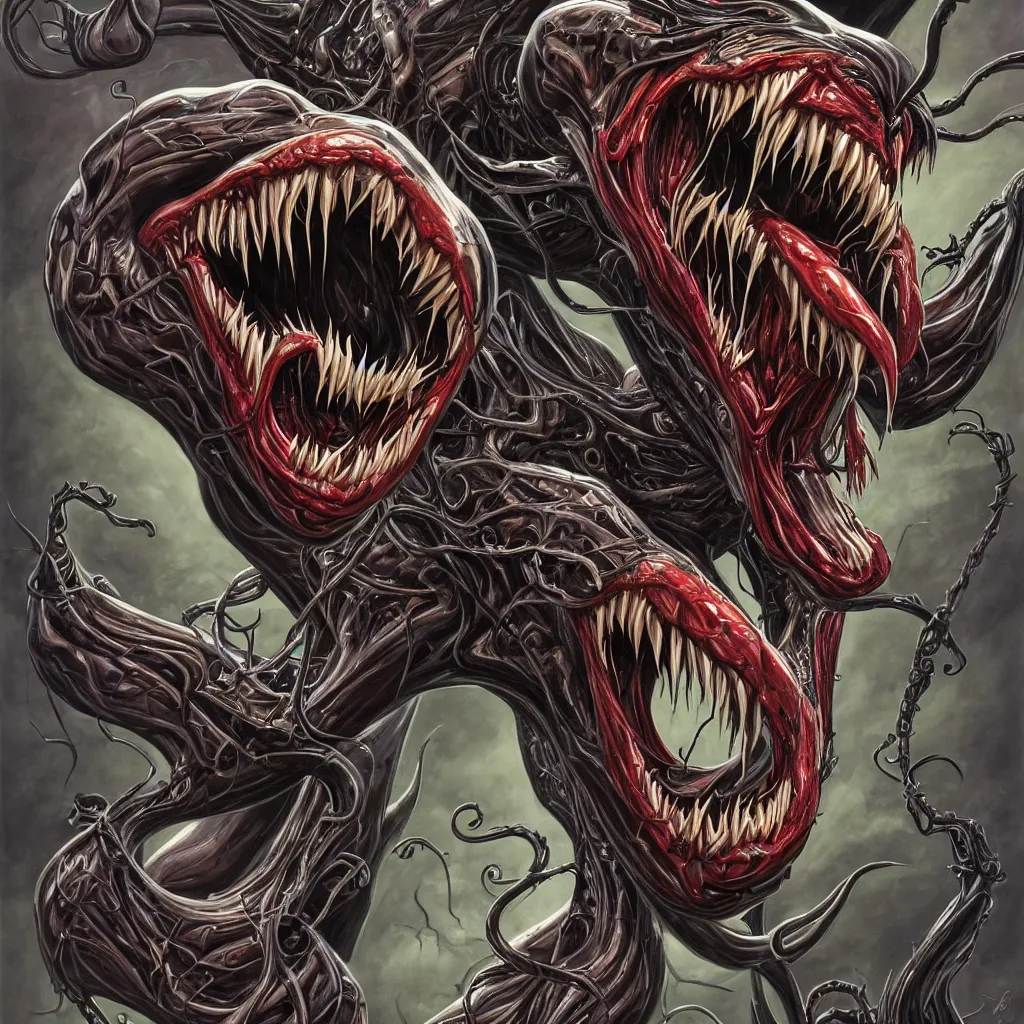 Image similar to anatomically acurate full body long shot venom from marvel comics!!!!, large mouth with teeth, lovecraftian horror!, surrealism, fantasy, intricate, elegant, highly detailed, digital painting, artstation, concept art, matte, sharp focus, illustration, art by glenn fabry