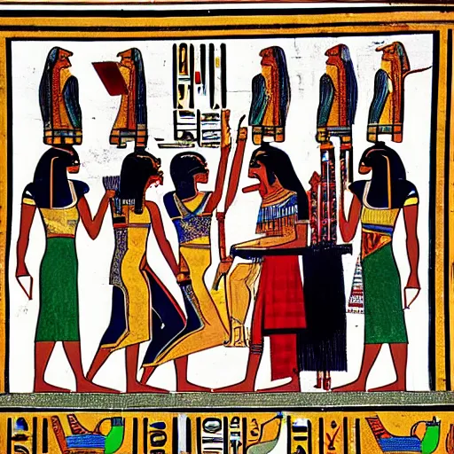 Prompt: egyptian painting of people taking a group selfie