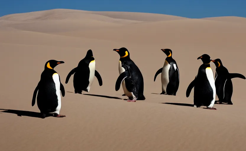 Image similar to happy penguins in sand dunes, photography