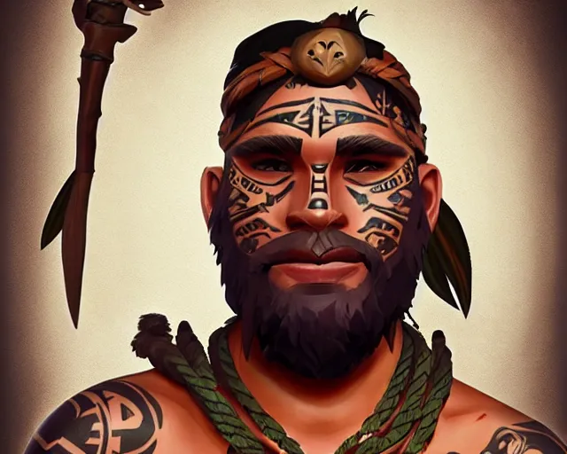 Prompt: sea of thieves character portrait concept art for a tribal native man with polynesian tattoos on his face and a nose ring, cgsociety, trending on artstation, rare ltd,