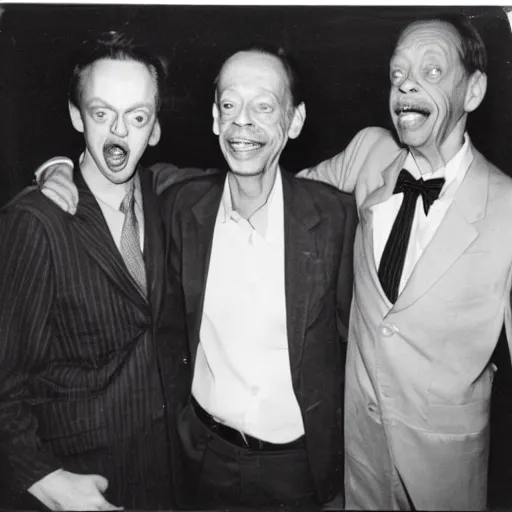 Image similar to polaroid group picture of steve buscemi, don knotts and pete davidson having a great time together