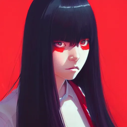 Prompt: a beautiful girl with long black hair and red eyes, sharp focus, intricate, digital painting, artstation, highly detailed, ambient lighting, portrait by Studio Ghibli, Rossdraws, artgerm, Ilya Kuvshinov, and Greg Rutkowski