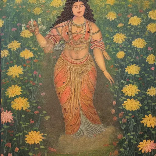 Image similar to detailed painting of a goddess walking through a medow, flowers bloom where she steps