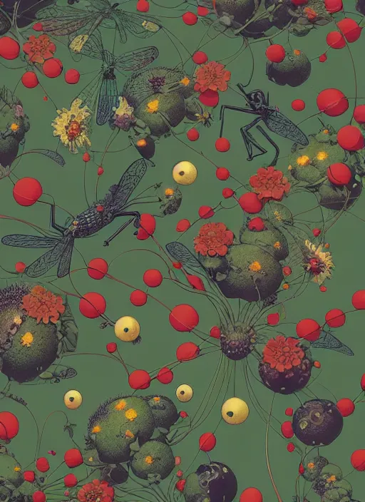 Prompt: garden flowers pattern, berries, dragonflies | illustrated by satoshi kon and greg rutkowski, 7 0's vintage sci - fi flat surreal design