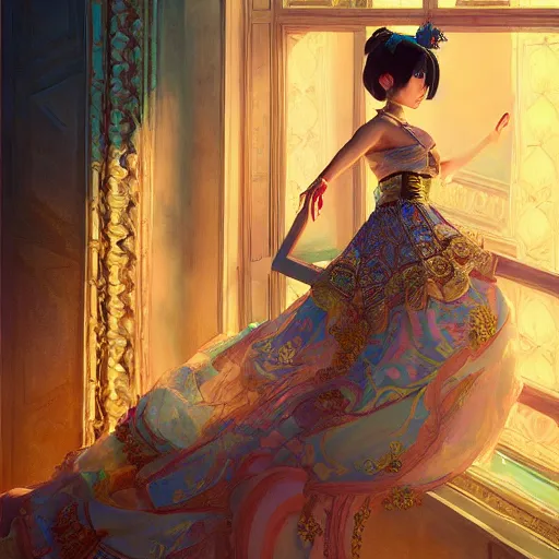 Image similar to beautiful girl in ornate clothing by ross tran, in a royal theatre, painted by sana takeda, reflections, very high intricate details, painting by liu xiaodong, digital anime art, medium shot, mid - shot, composition by ilya kuvshinov, backlit, lighting by greg rutkowski