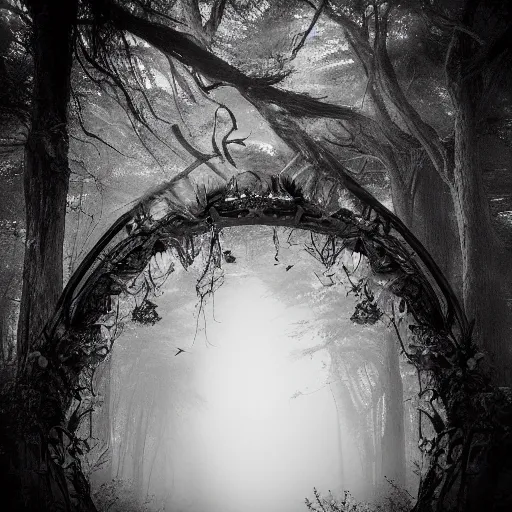 gothic faerie portal in the foggy woods black and white | Stable ...