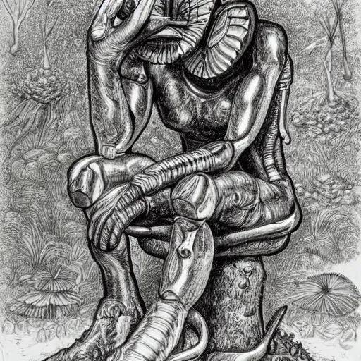 Prompt: A Cybernetic Thinker sculpture, sitting in a open forest, mushrooms and peyote at the base, high detail, b&w, ornate naturalist sketch