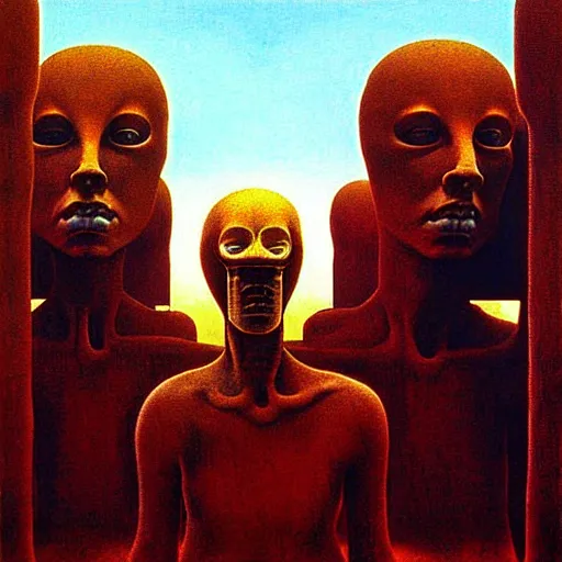 Image similar to dystopian surreal painting of eerie head statues surrounded by buildings by zdzisław beksinski and caravaggio