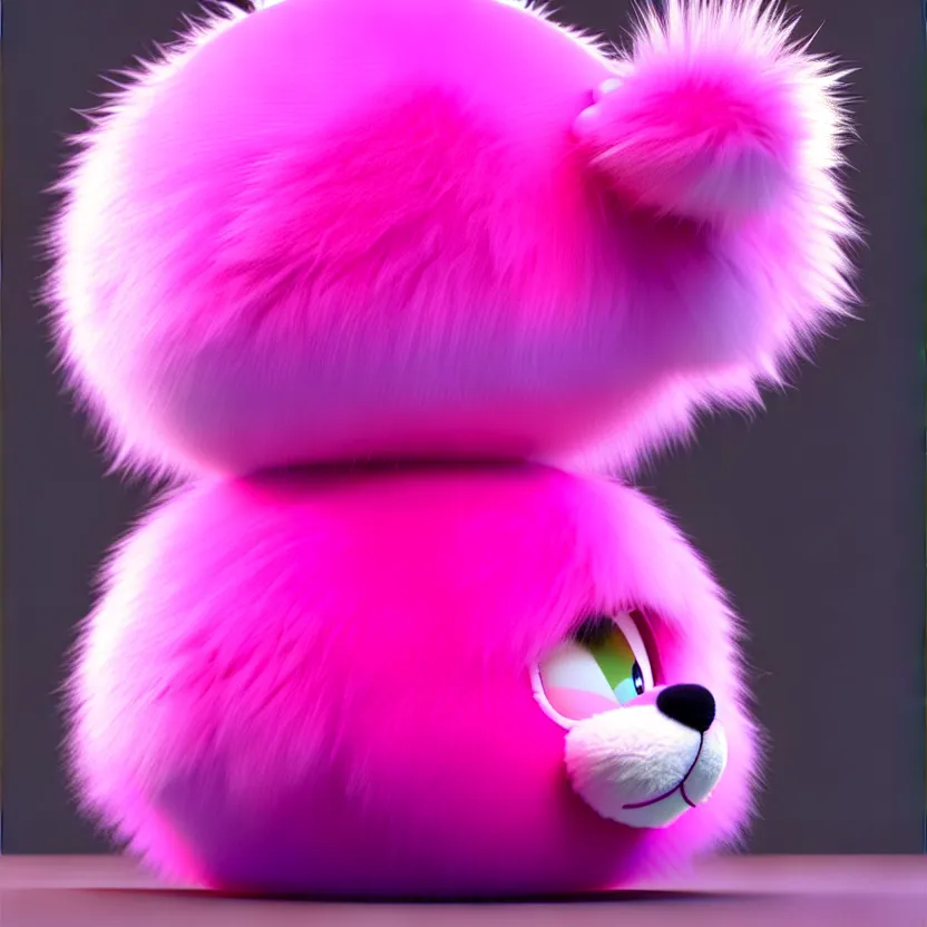 Image similar to high quality 3 d render hyperrealistic very cute big spherical creature, whiskers, plush mascot, short spiky dense fluffy smooth hair, isometric 3 d, psychedelic lighting pink fluffy fur 1 cm long, 1 5 0 mm, smooth background, artstation, ultra detailed, elegant, ultra detailed, octane render