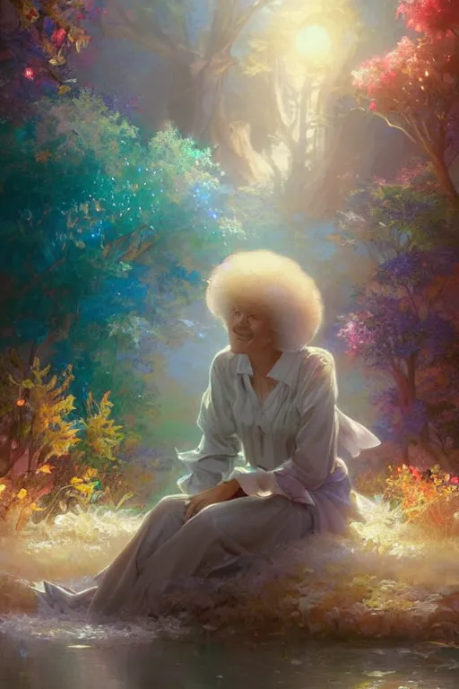 Image similar to bob ross, dreamy and ethereal,, fantasy, intricate, elegant, rainbow bubbles, highly detailed, digital painting, artstation, concept art, smooth, sharp focus, illustration, art by artgerm and greg rutkowski and alphonse mucha