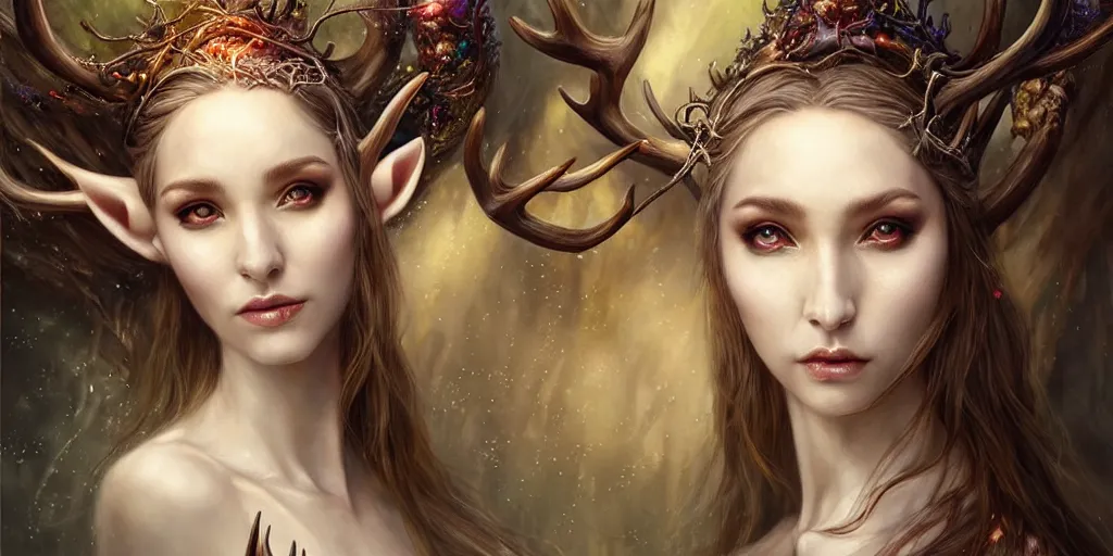 Prompt: a portrait of a female elf sorceress with antlers bathing in a lake by karol bak and jia ruan, beautiful detailed eyes, cute, fantasy, intricate, elegant, highly detailed, digital painting, 4 k, hdr, concept art, detailed jewelry, smooth, sharp focus, illustration, art by artgerm