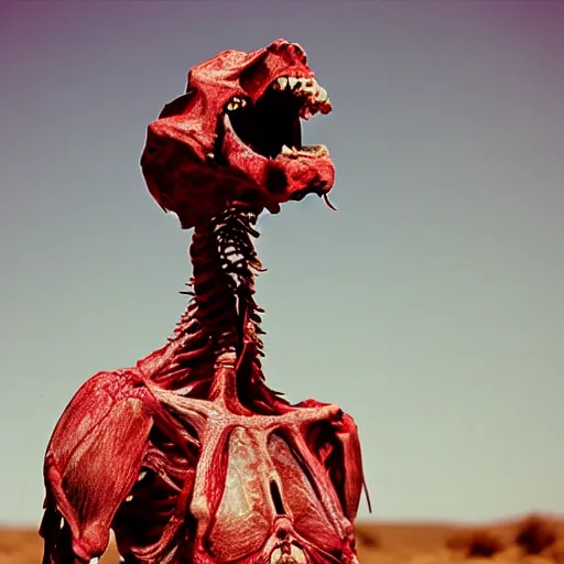 Prompt: in the desert a bloody horrifying The Thing creature made of muscle and bone, mid day, 35mm photography, realistic,