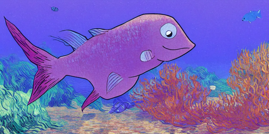 Image similar to A purple fish, swimming in a beautiful coral reef, Digital art, Concept art by Studio Ghibli and Pixar and Vincent Van Gogh