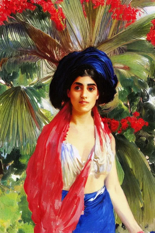 Image similar to portrait of persian girl with arabesque red and blue detailed scarf near bougainvillea and mexican fan palms, painting by john singer sargent