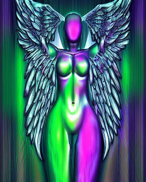 Image similar to biomechanical angel by HR Giger, chromatic aberration rainbow color scheme