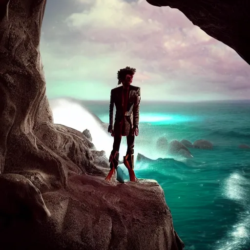 Image similar to portrait photo with stylish lens effect, stylistic lighting, 1 9 8 0's sci - fi style, extremely epic, hyppereality, weta digital, octane render, a flamboyant eccentric fashionable character standing in the cliffside entrance to a cave alongside crashing dramatic ocean waves with sea foam and sea spray, an ancient greek trireme, cinema 4 d, volumetric lighting