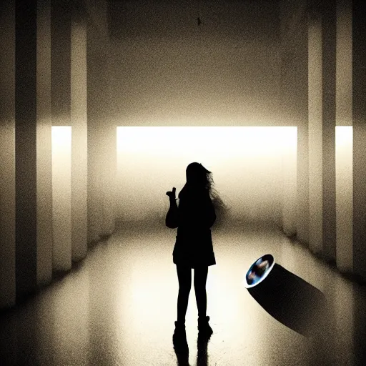 Image similar to woman holding a flashlight running through a closed ikea interior, cinematic lighting, furniture, store interior, night, minimalism, terrifying, landscape, fog, artstation