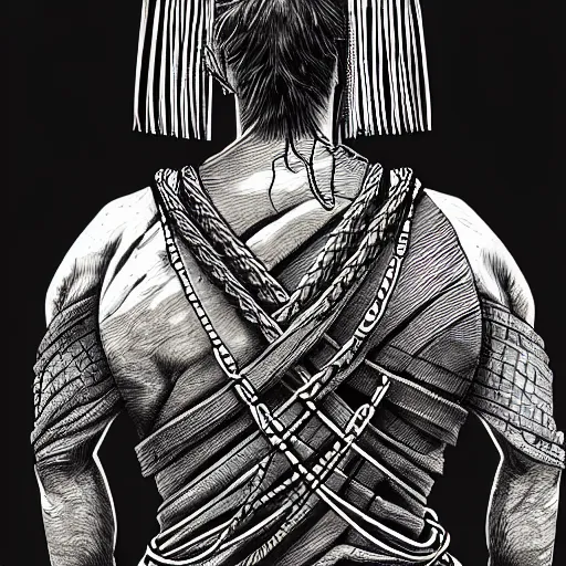 Prompt: a portrait from behind of a samurai man vagabond, the samurai is wrapped in chains, detailed, illustration, concept art, ink style, sketch