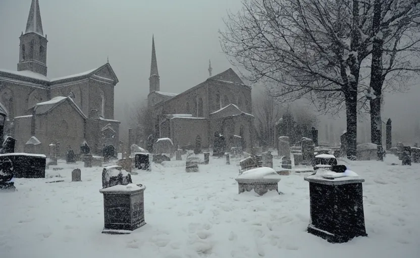 Prompt: inside a snowy graveyard with 18th century gothic church in the background with candles cold and sad in the shining by stanley kubrick, shot by 35mm film color photography