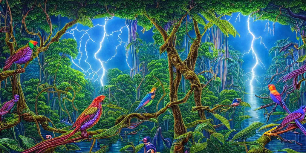 Prompt: visionary art, rainforest trapped within a lightning bolt, with great birds, rich geometry, precise and incredibly highly detailed intricate 8 k wallpaper, john stephens, lisa frank, intricate stunning award winning masterpiece trending on artstation