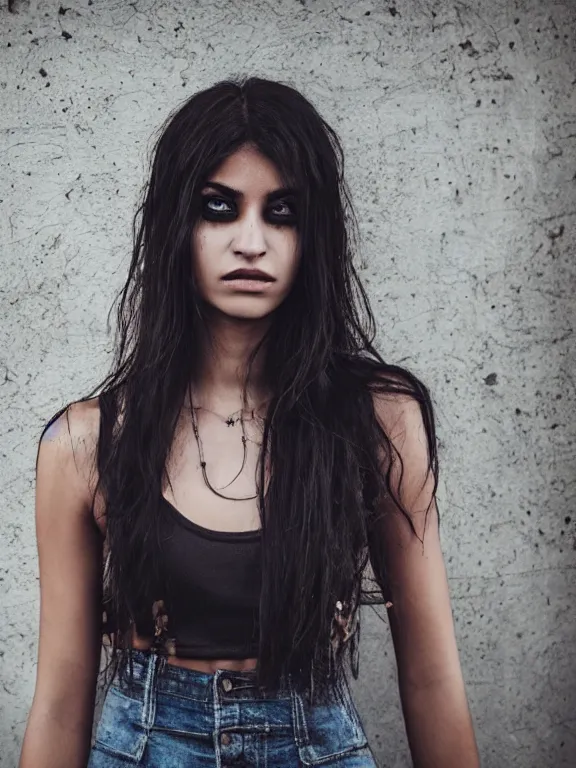 Image similar to hyperdetailed photo of a beautiful italian girl, brown eyes, dark hair, black makeup, skin, winds of winter, with tight ripped grunge crop t - shirt fine face, pretty face