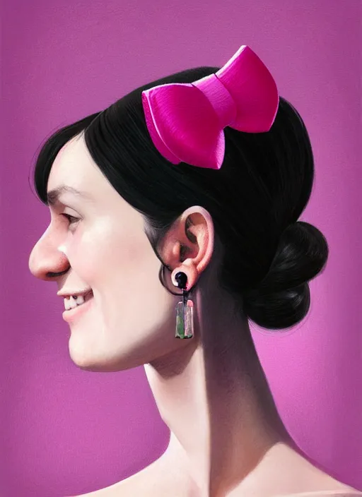 Image similar to portrait of teenage girl, narrow face, black hair, bangs, half updo hairstyle, pointy nose, skinny, smile, unattractive, defined jawline, big chin, pink hair bow, earrings, intricate, elegant, glowing lights, highly detailed, digital painting, artstation, sharp focus, illustration, art by wlop, mars ravelo and greg rutkowski