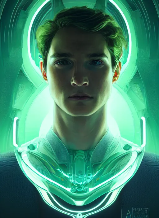 Image similar to symmetry!! portrait of luke skwyalker, sci - fi, tech wear, glowing lights!! intricate, elegant, highly detailed, digital painting, artstation, concept art, smooth, sharp focus, illustration, art by artgerm and greg rutkowski and alphonse mucha, green mist background