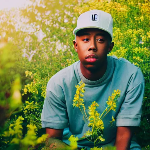 Image similar to A photo of Tyler the Creator in the middle of a garden, 8K concept art, dreamy, garden, bushes, flowers, golden hour, vintage camera, detailed, UHD realistic faces, award winning photography, cinematic lighting