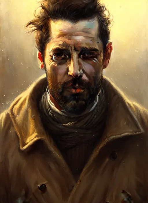 Image similar to portrait of a rugged man in a jacket, victorian, concept art, detailed face, fantasy, close up face, highly detailed, cinematic lighting, digital art painting by greg rutkowski