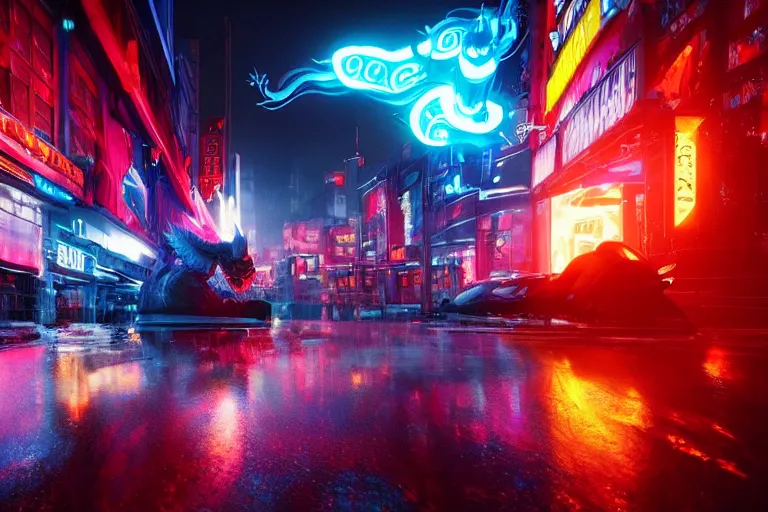 Image similar to cinematic wide angle shot of a neon cybernectic chinese dragon, midnight city lights, rain puddles, strong bokeh, dramatic lighting, unreal engine, cgsociety, artstation, 4k