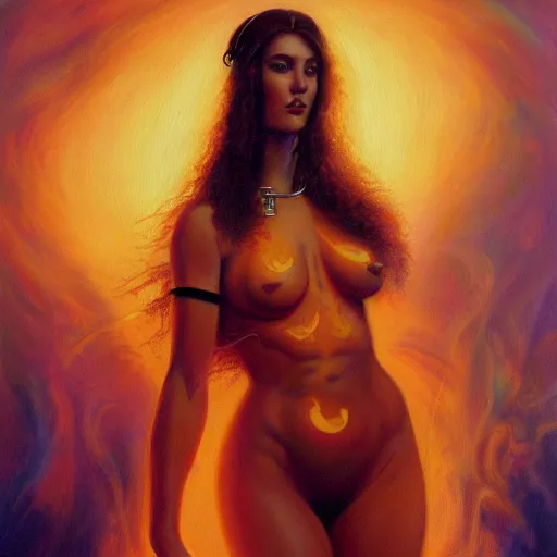 Image similar to A beautiful painting of a goddess with a body made of flames by Jim Burns, fantasy, UHD, Trending on artstation.