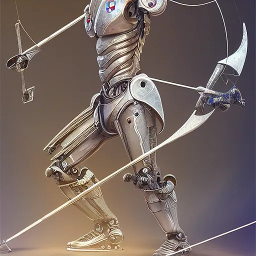 Prompt: robot archer, 8 k, highly detailed, realistic, professional art, tolkien style elf, artstation,