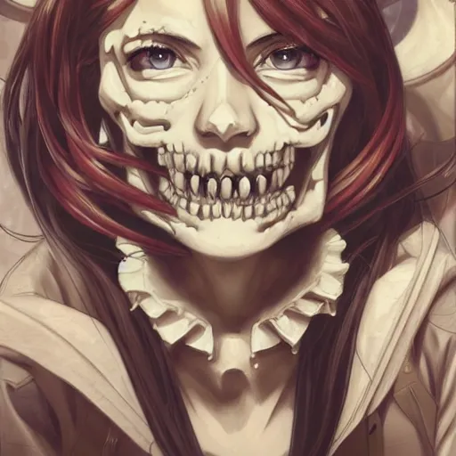 Image similar to anime manga skull portrait young woman skeleton, artgerm, painterly, logo, graffiti, elegant, highly detailed, digital art, art by jc leyendecker and sachin teng