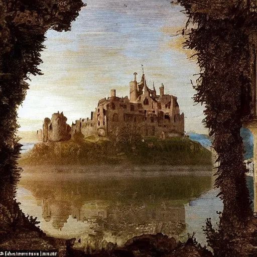 Image similar to an abandoned castle that sits on an island in the middle of a dark lake, there are cobwebs and dust hanging all over the castle and there is a ghostly apparition in one of the windows, a worn boat floats on the lake in front of the castle, renaissance painting, high quality