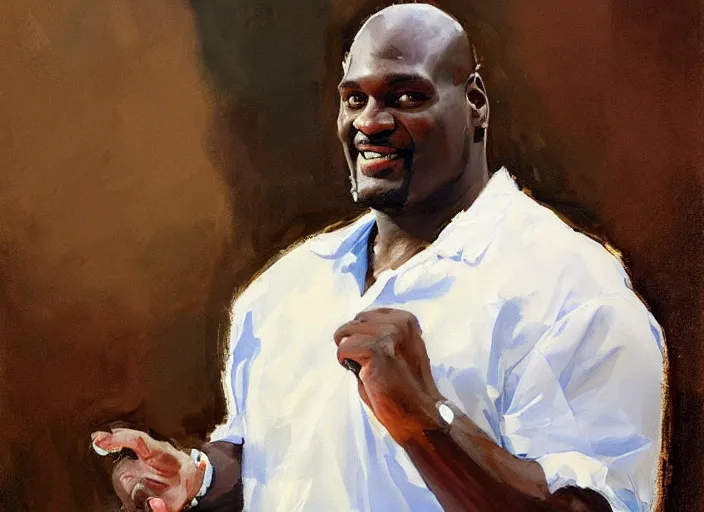 Prompt: a highly detailed beautiful portrait of shaq wearing a maid costume, by gregory manchess, james gurney, james jean