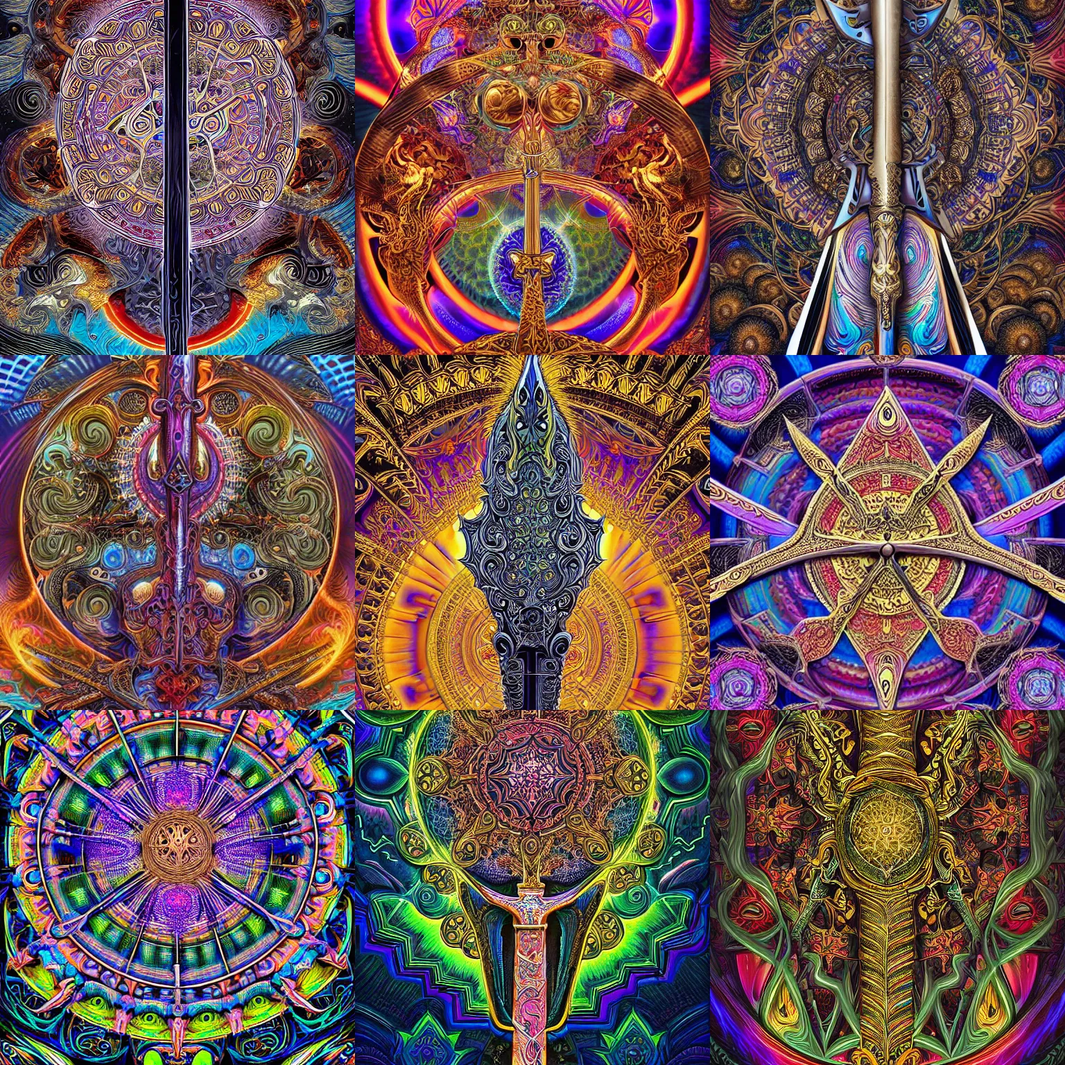 Prompt: a intricate ornate psychedelic image of a sword, digital art by felix kelly, alex grey, dan mumford, artgerm, psychedelic art, psychedelic, fractalism, fractals, sacred geometry, artstation, detailed, art, hyper realism, hyper detailed, cgsociety, ue 5, hd, 3 d