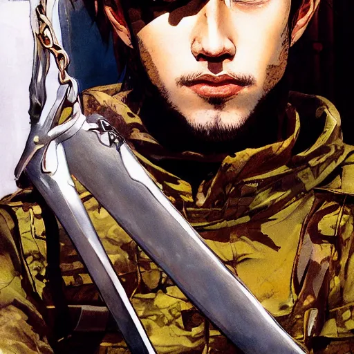 Image similar to portrait of a young white hero using his right arm to hold his sword covering his eye by yoji shinkawa, high quality, extra details, realism, ornate, colored, golden chain, blood, white skin, short hair, brown eyes, vivid, sunlight, dynamic, american man, freedom, white american soldier, painting, cybernetics, military