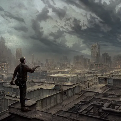 Prompt: an male survivor standing on a rooftop of an abandoned city, dark, atmospheric, detailed, centered, digital painting, artstation, concept art, donato giancola, Joseph Christian Leyendecker, WLOP, Boris Vallejo, Breathtaking, 8k resolution, extremely detailed, beautiful, establishing shot, artistic, hyperrealistic, octane render